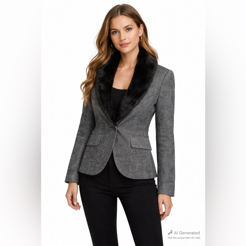 MICHAEL Michael Kors Size 4 Grey Wool Blend Blazer detachable Faux Fur Collar